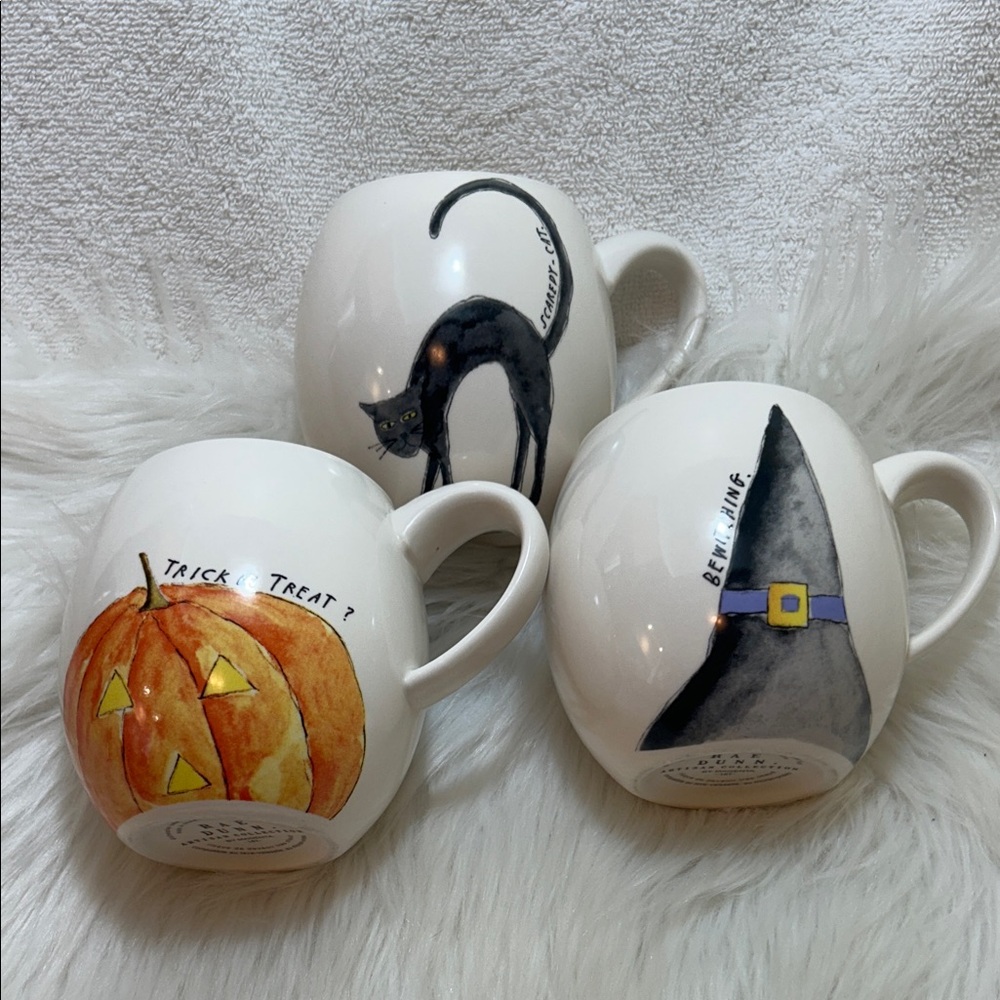 Rae Dunn Halloween Pumpkin, Cat, and Witch Hat Mugs Set of {3}